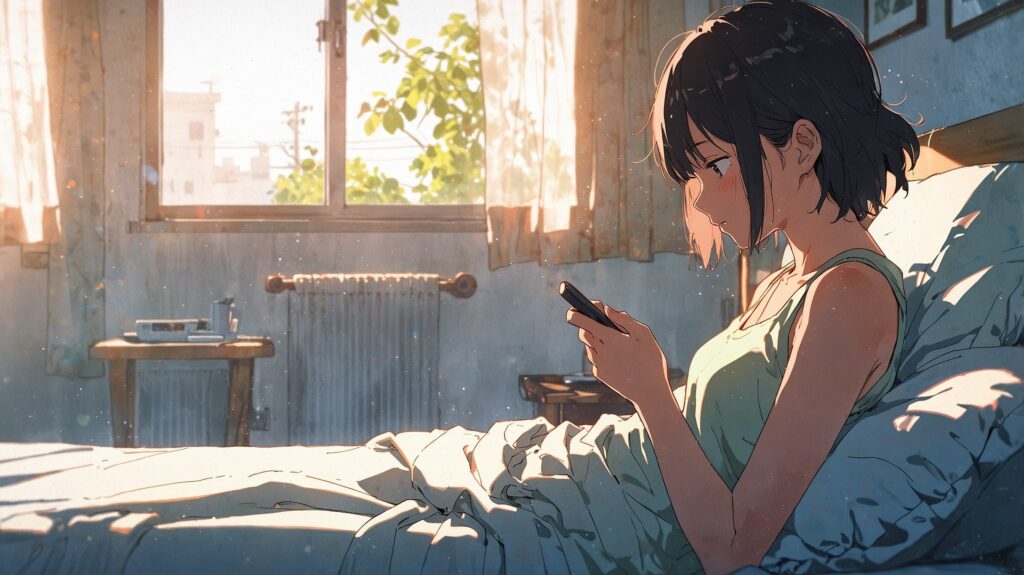 朝の内省・スマホを見る女性