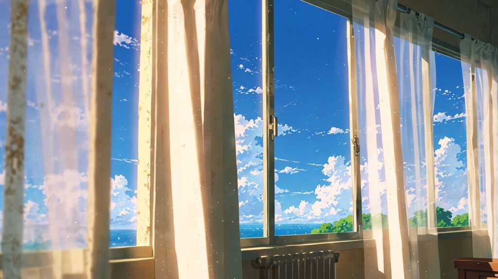 朝の窓辺、希望を感じさせる光の風景
