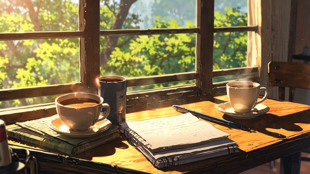 ノートとペン、温かい飲み物がある静かな空間