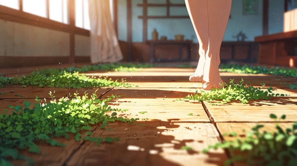 小さな観葉植物や、ゆっくり歩く足元