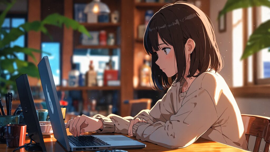 ノートPCを前に思案する女性