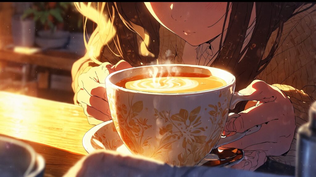 朝の書く手元とコーヒー