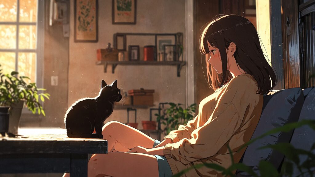 黒猫と女性の温かな朝
