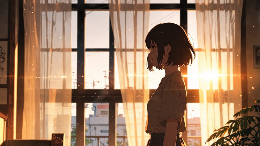 窓辺で深呼吸する女性