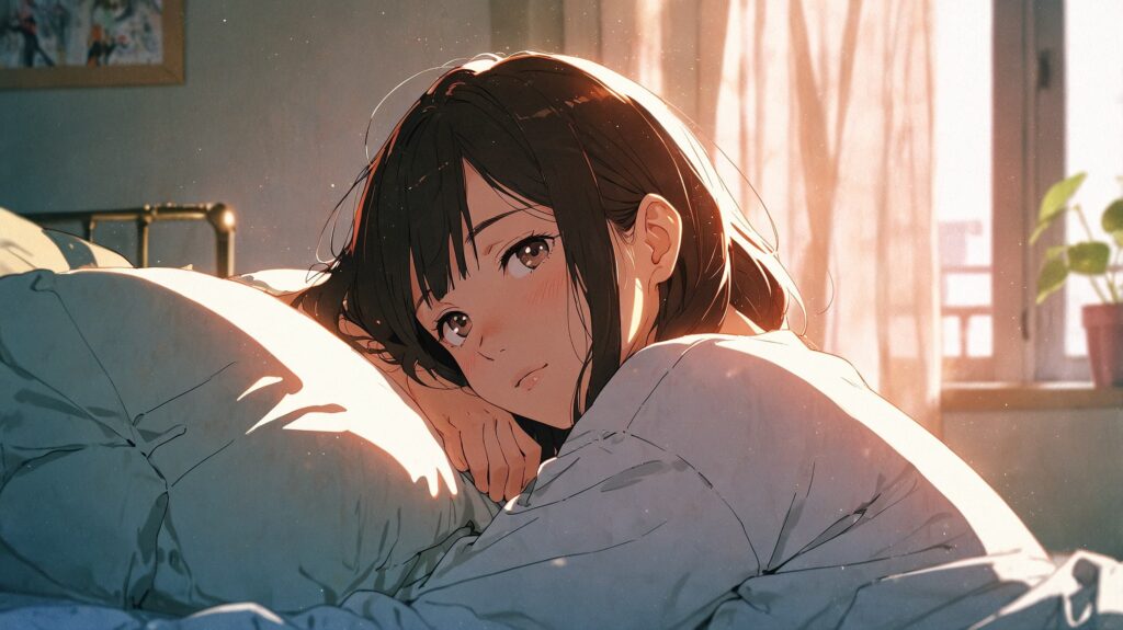 朝のベッドで横になる女性