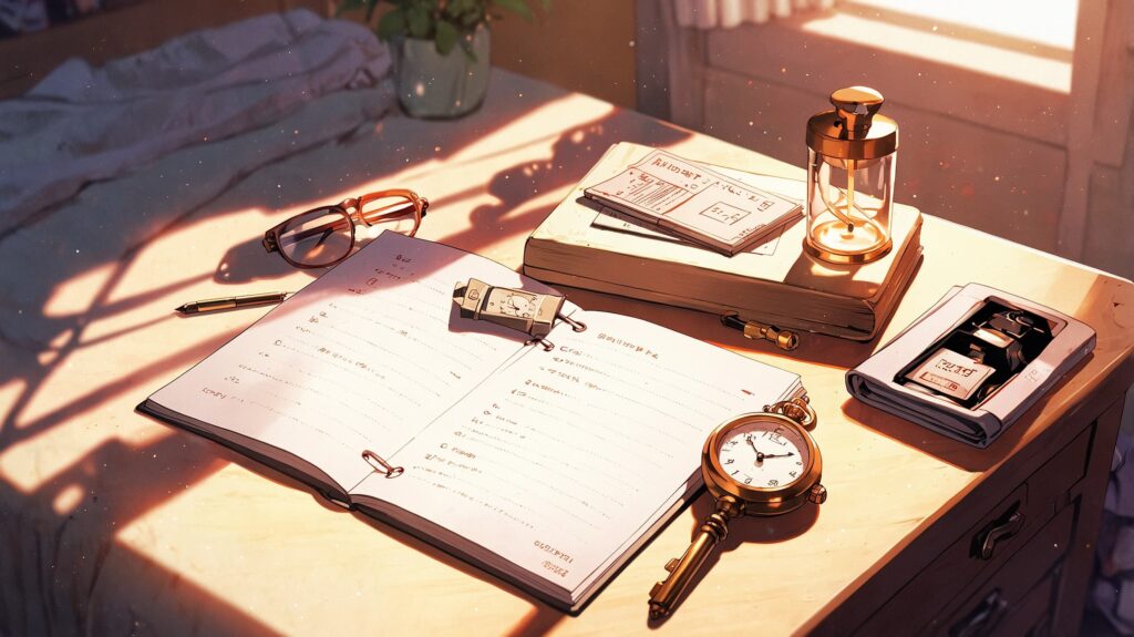 朝のベッドサイド時計とノート
