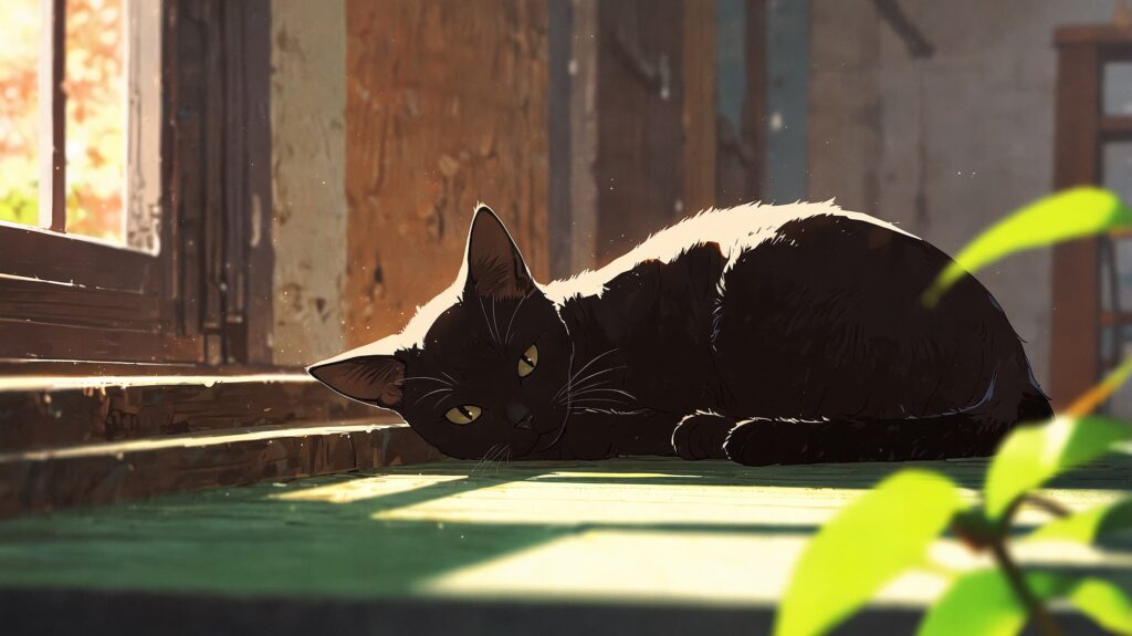 黒猫ルナ-窓辺-朝