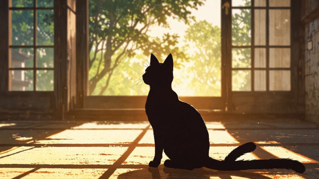 朝日に伸びをする黒猫