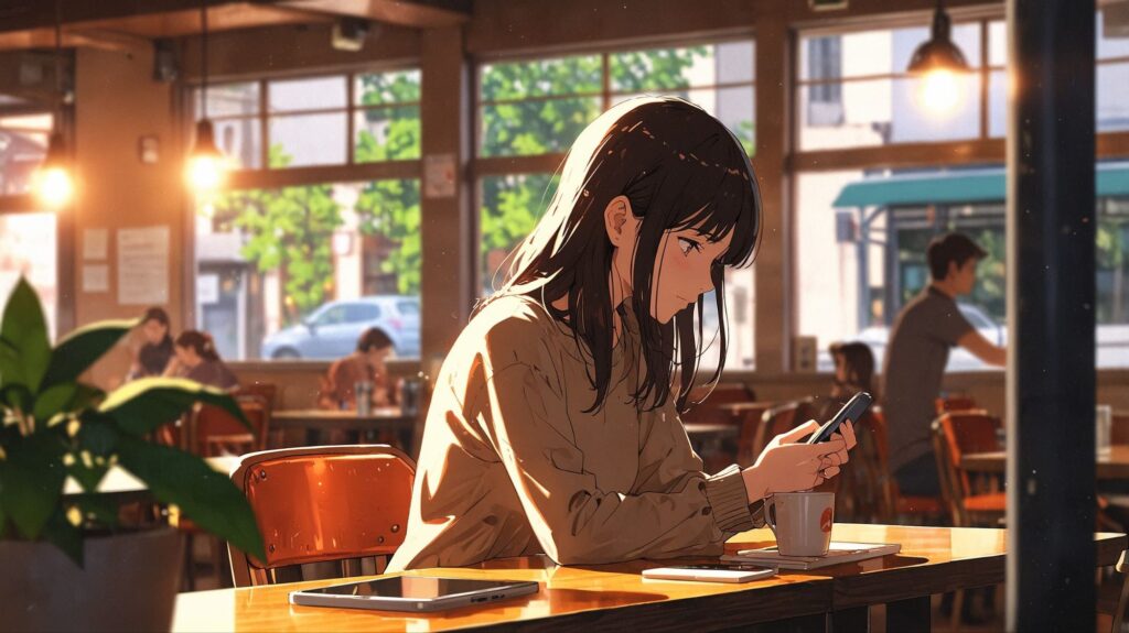 カフェ-考え込む女性-柔らかい光