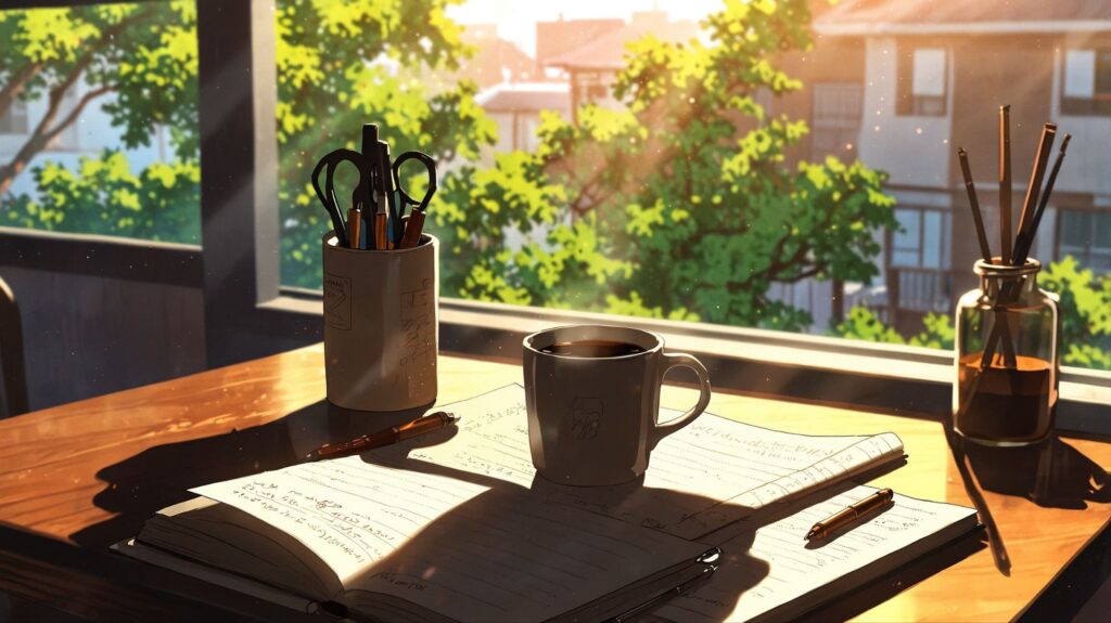 静かな朝の部屋とノート
