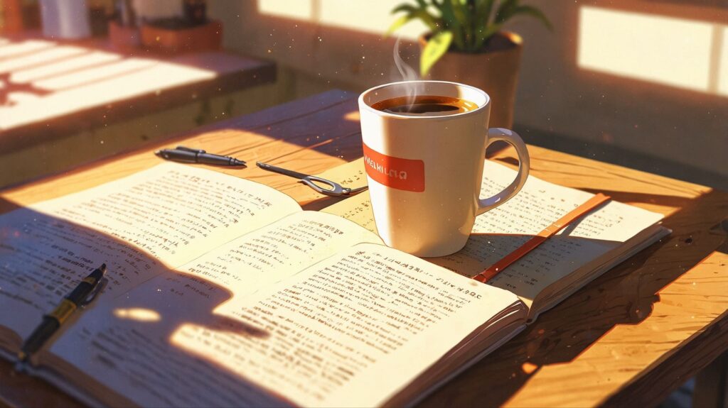 静かな朝のコーヒーと本