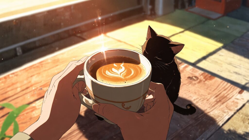 朝のコーヒーと猫の影