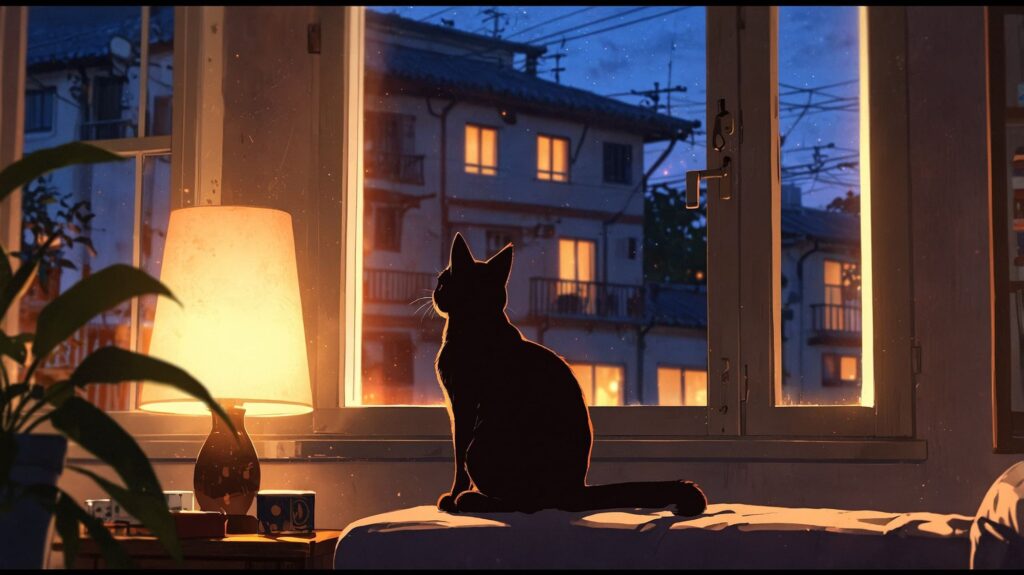 夕暮れと黒猫