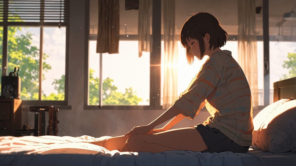 朝の優しいストレッチ女性