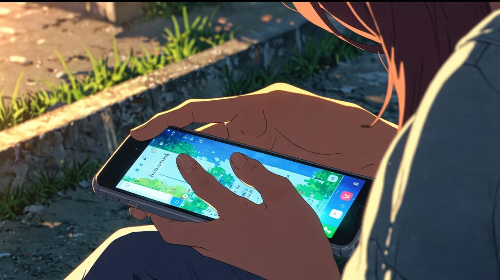 朝の光とスマホを持つ手