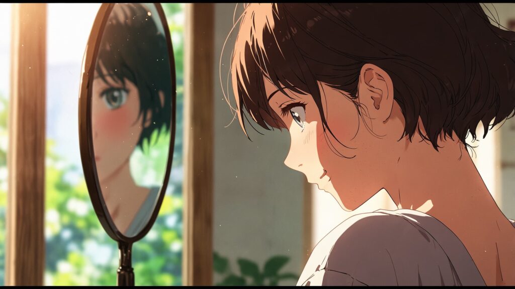 鏡の前で今の自分を受け入れる笑顔