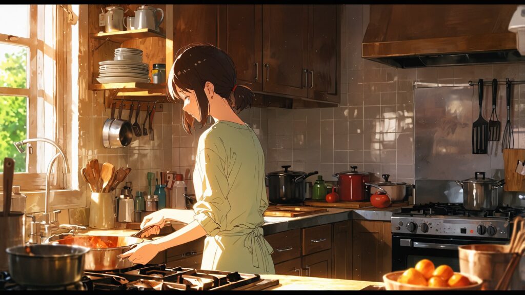 朝の光と料理女性