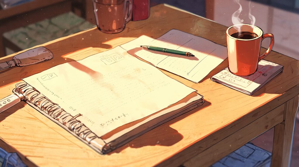 朝-デスク-ノート-飲み物