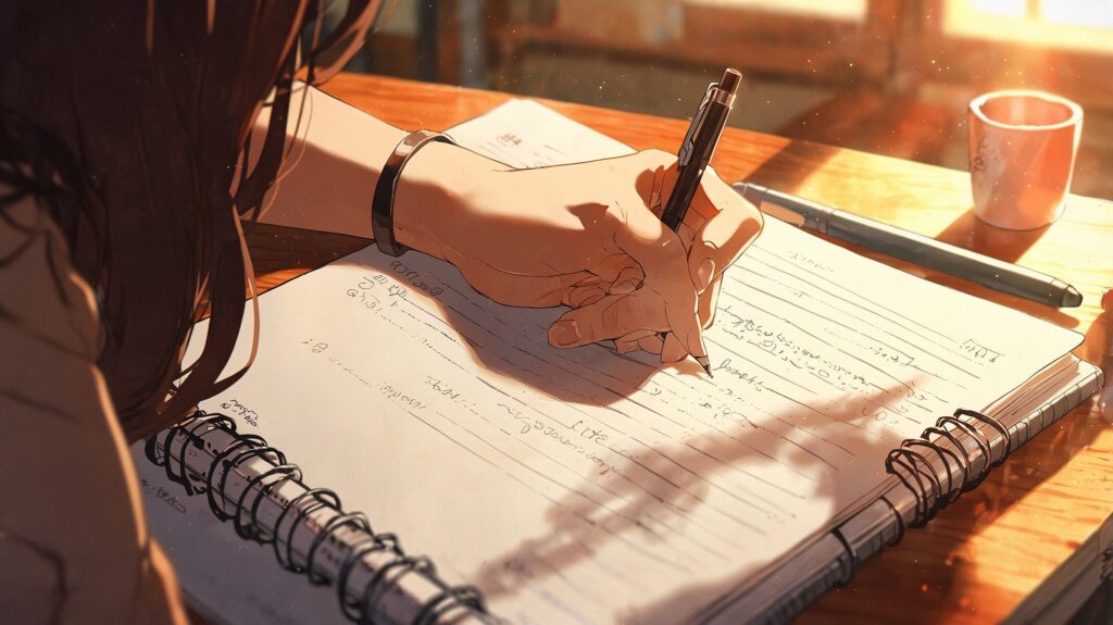 朝のノートに記す手元のクローズアップ