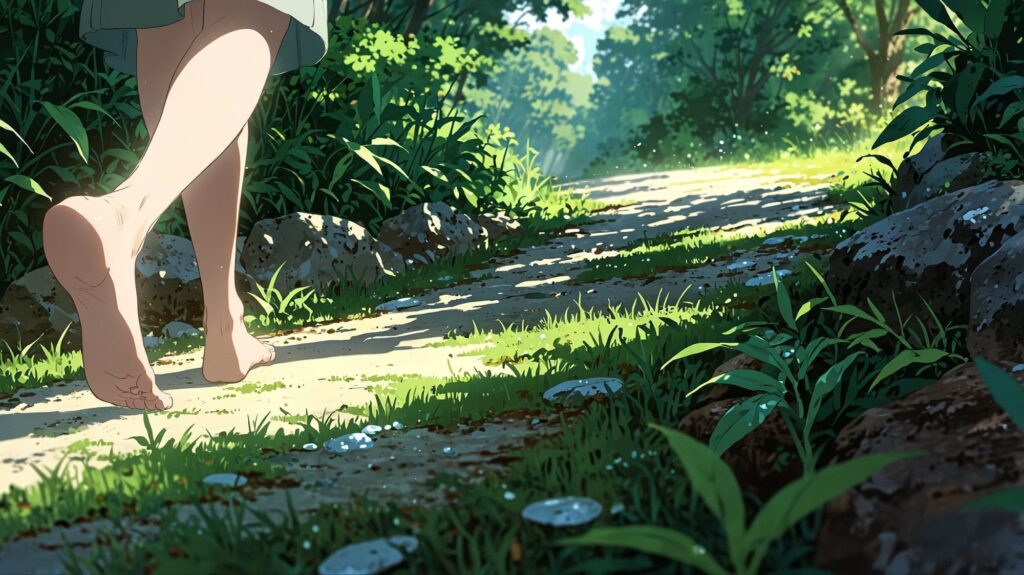 自然の中を歩く朝の足元