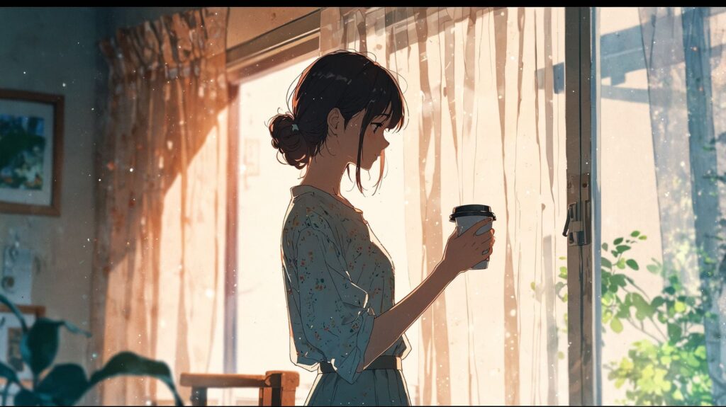 朝の窓辺でコーヒーを持つ女性