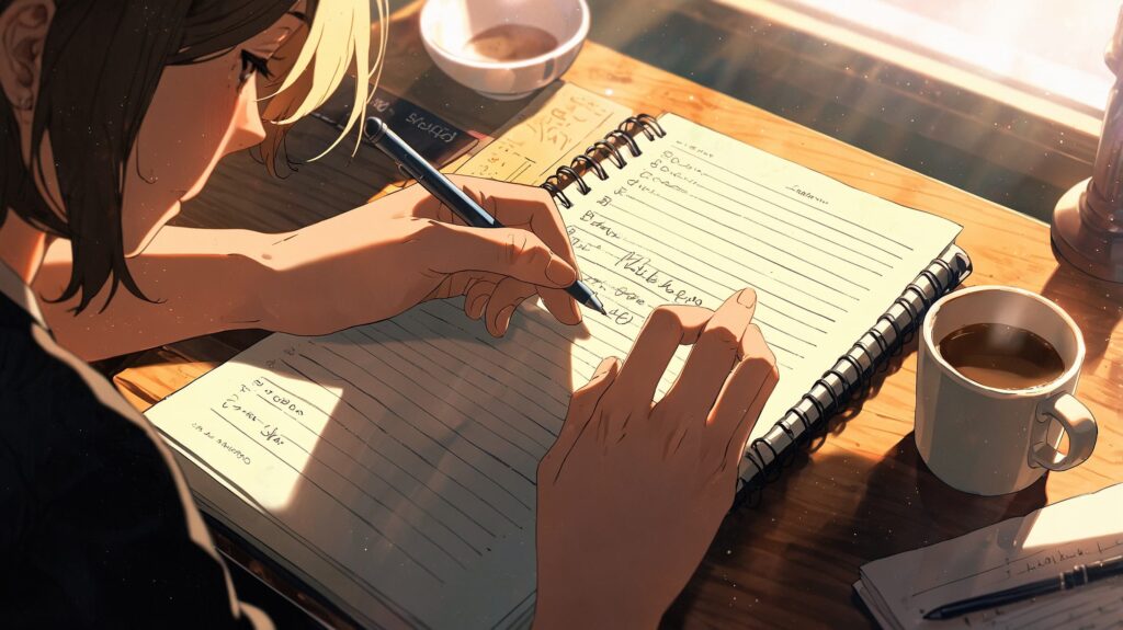 朝-ノート-コーヒー-手元