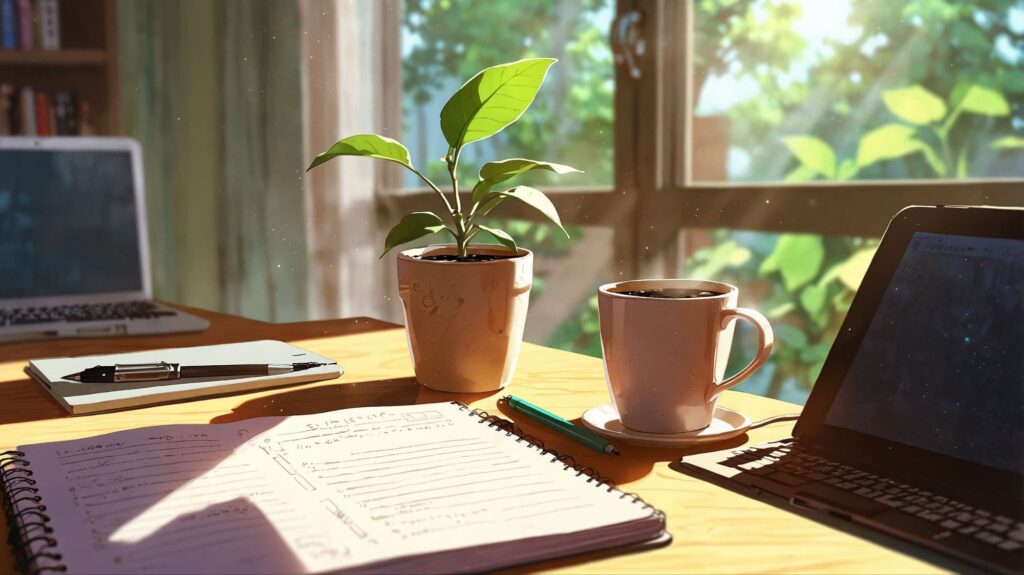 静かな朝の整った机