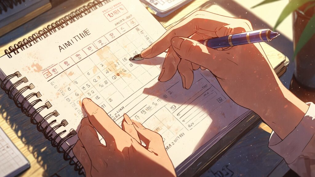 休息タイムを記す朝の手帳