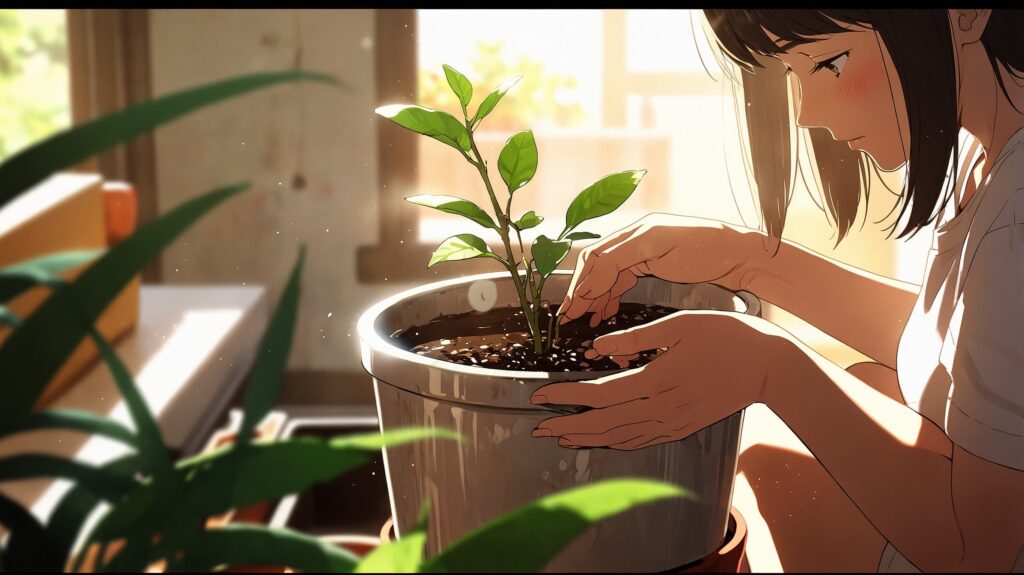 植物-水やり-成長-朝