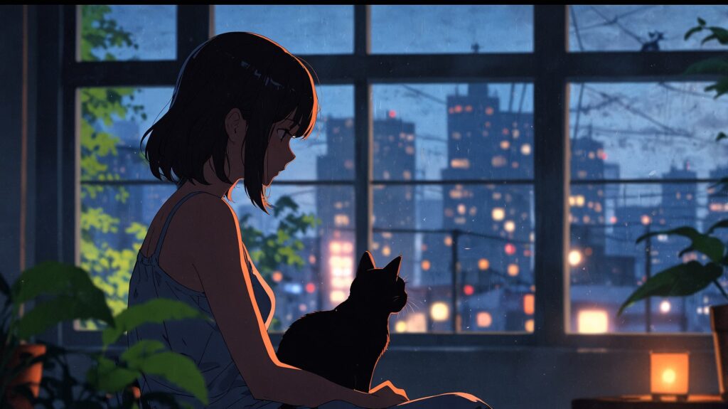 窓辺の女性と猫のシルエット