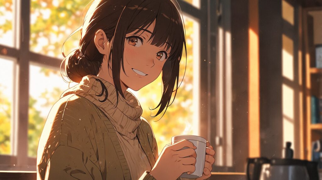 窓辺の微笑みとコーヒー