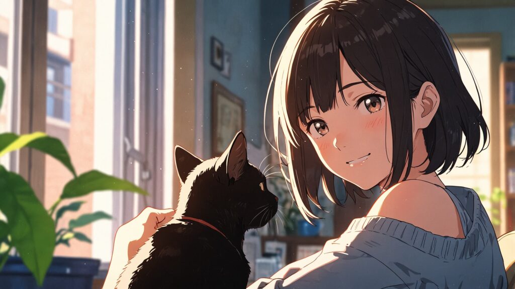 女性-黒猫-朝-穏やか