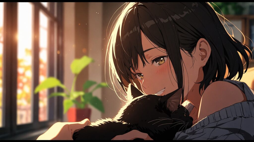 女性-黒猫-朝の窓辺