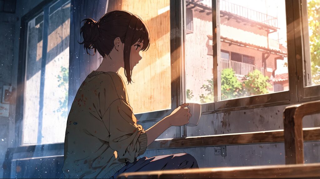 女性-窓辺-朝-コーヒー