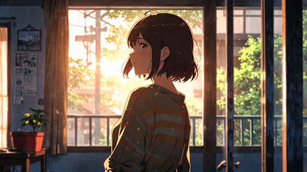 朝の窓辺で見つめる女性