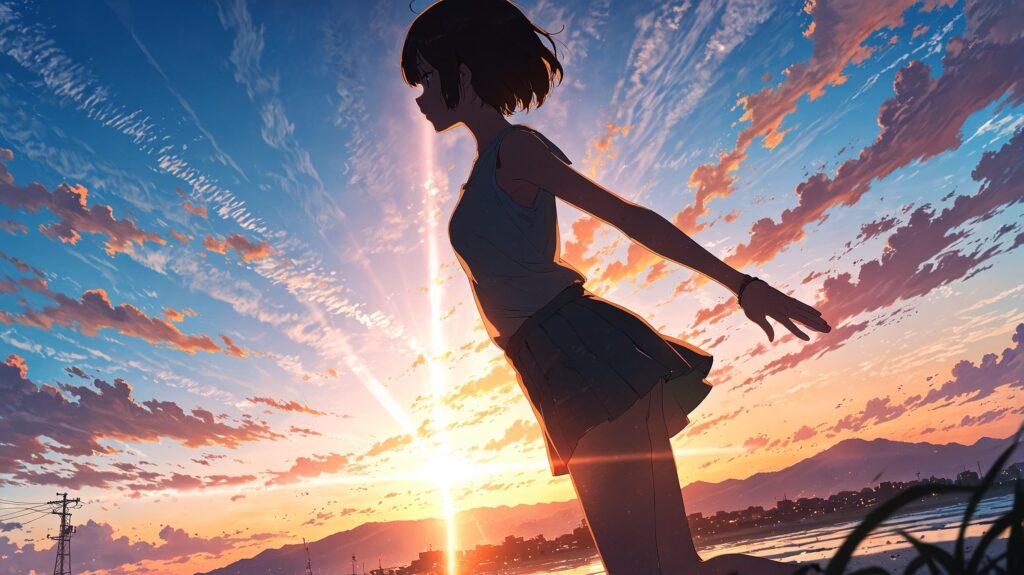 朝日に向かって伸びをする女性