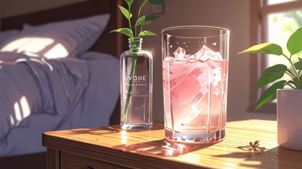 ベッドサイドの水と朝の光