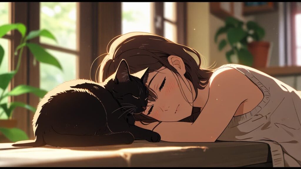 窓辺で眠る黒猫
