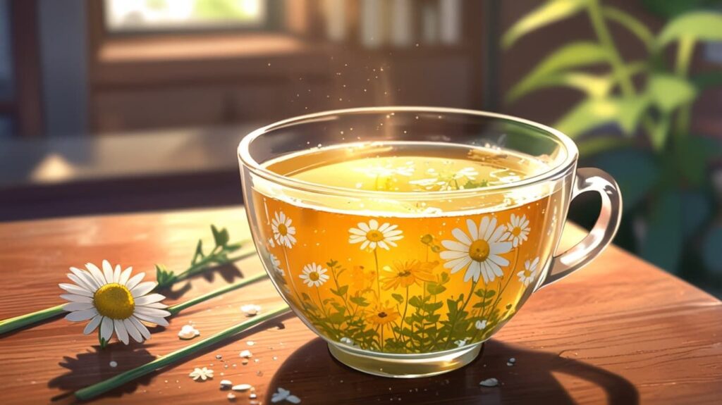 湯気立つカモミールティー