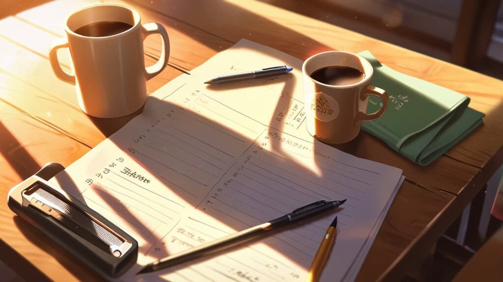ノートとコーヒーの朝デスク