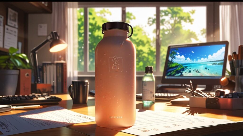 デスクとマイボトルの静かな時間