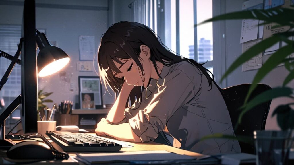 乾いたオフィスと疲れた女性