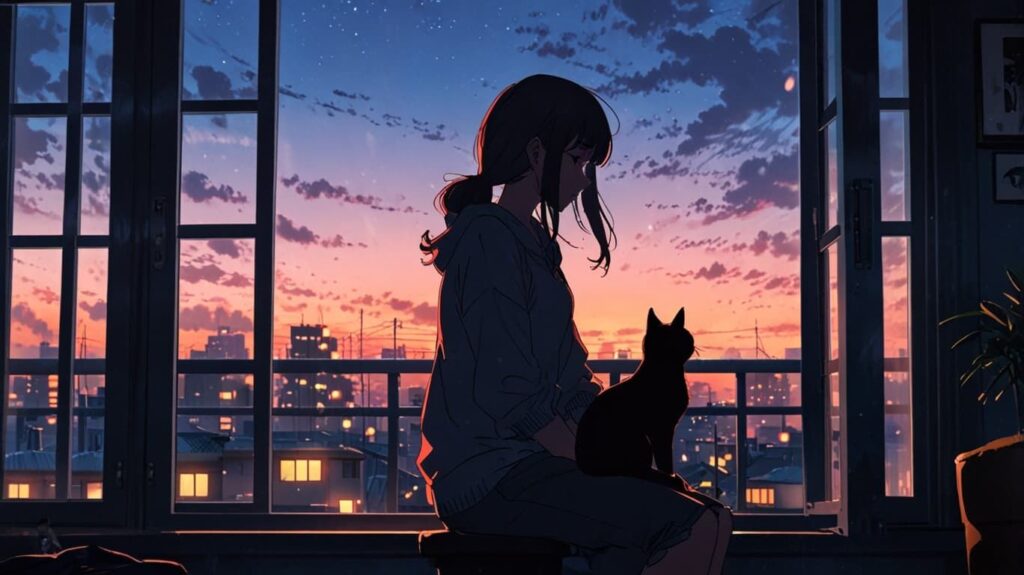 夕暮れの窓と黒猫ルナ