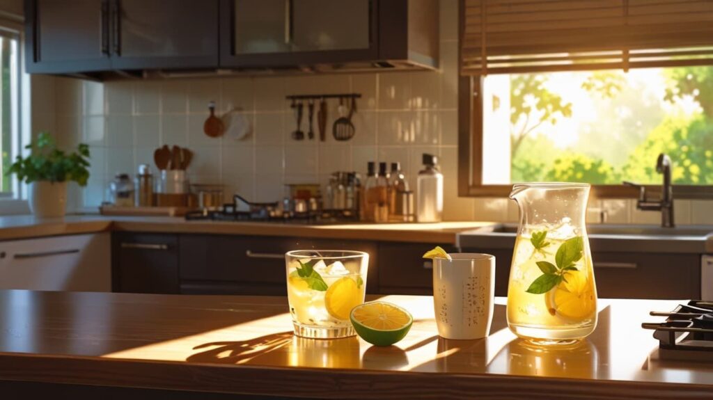 一輪の花と静かな朝の水