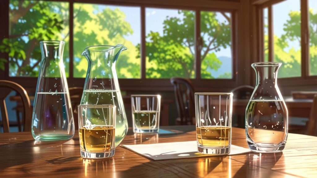 朝のテーブルと整った水のグラス