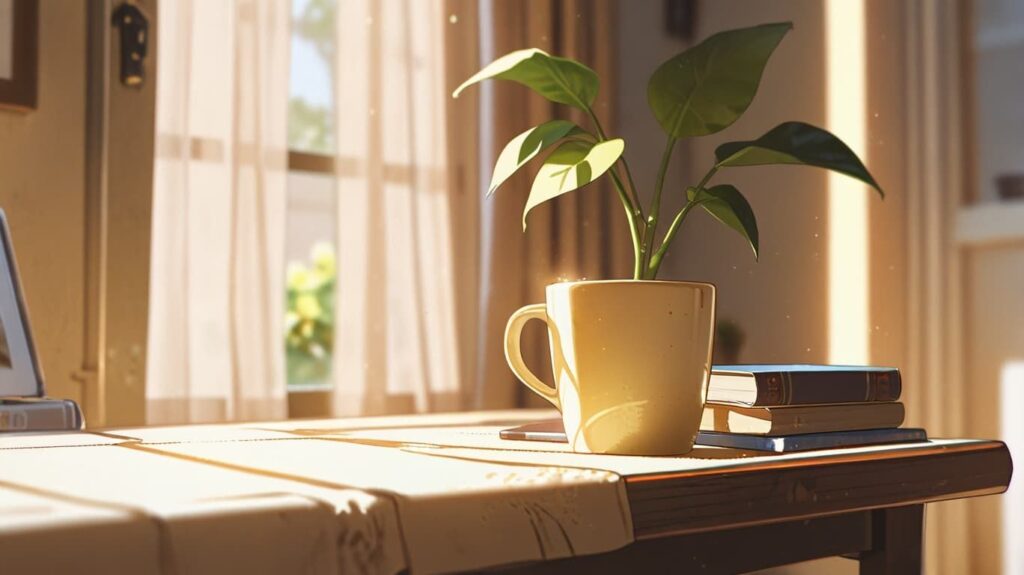 ミニマルな朝の窓辺シーン