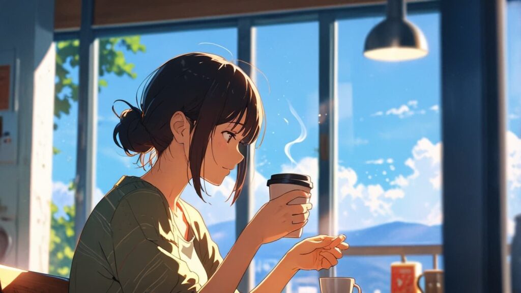 朝日とコーヒーを楽しむ横顔