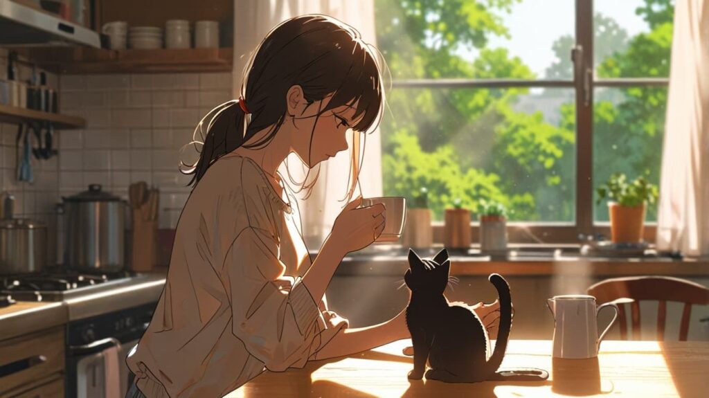 朝のキッチンでコーヒーを飲む女性