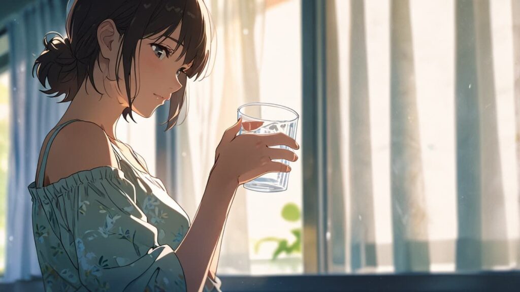 朝の水と柔らかな光の女性
