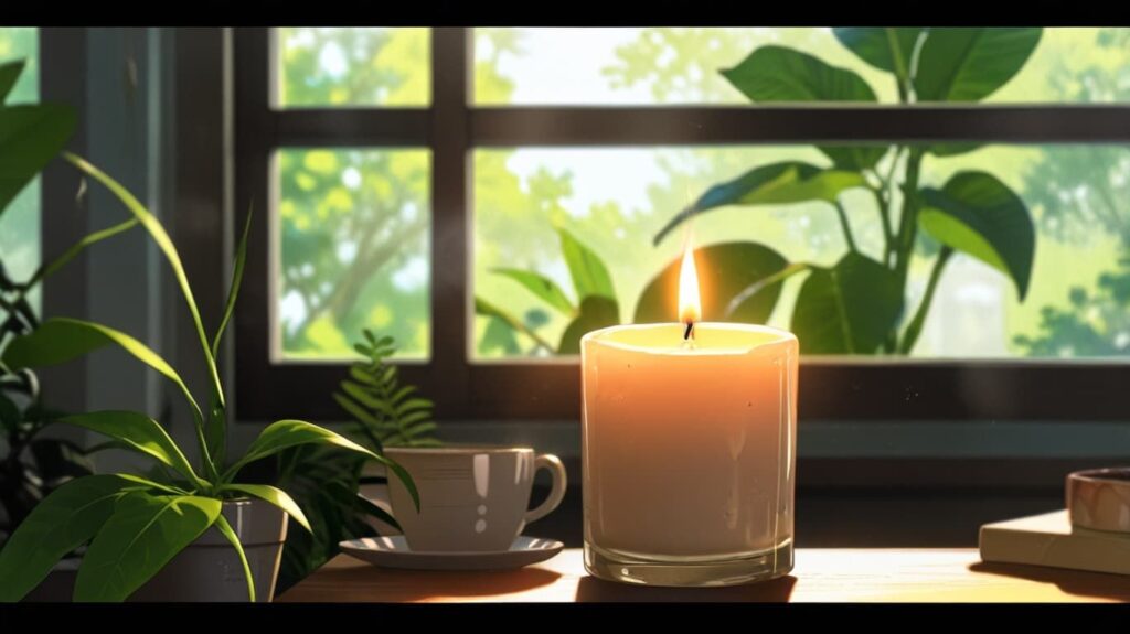 朝 窓辺 キャンドル 観葉植物